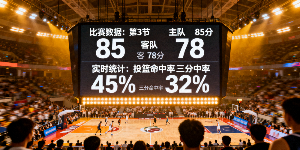 体育场内电子屏幕显示比赛数据与比分信息